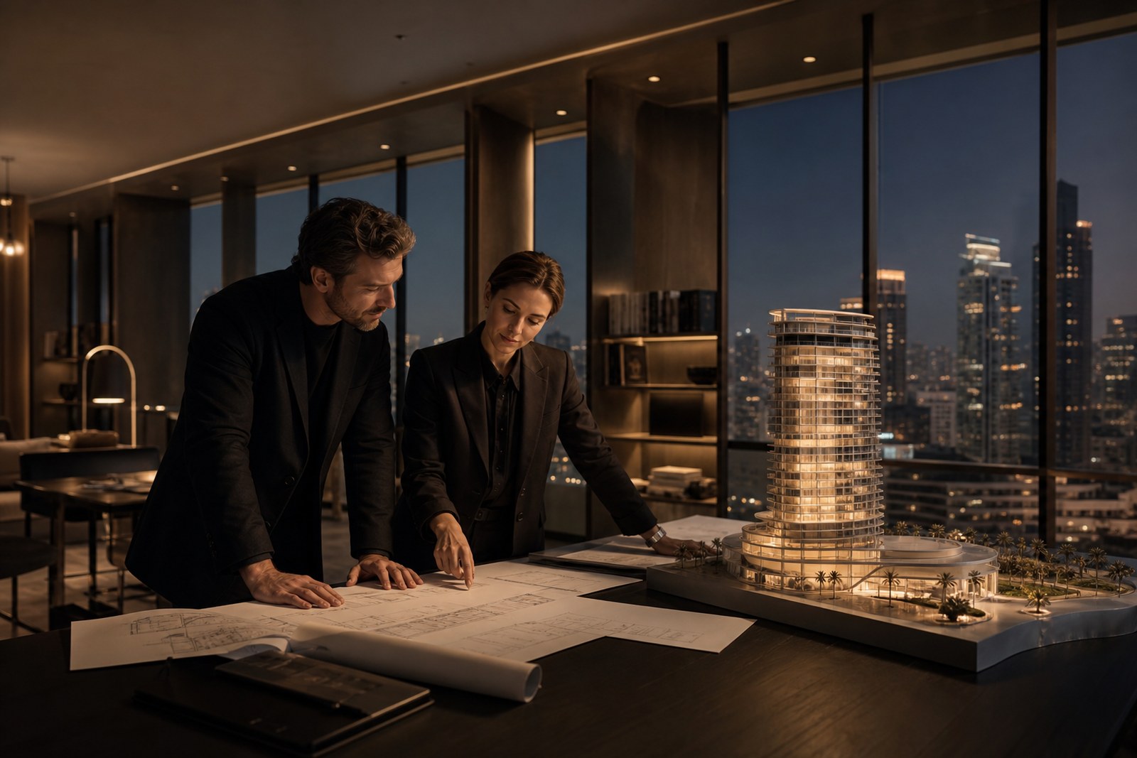 Architects reviewing LED lighting plans and a resort tower model