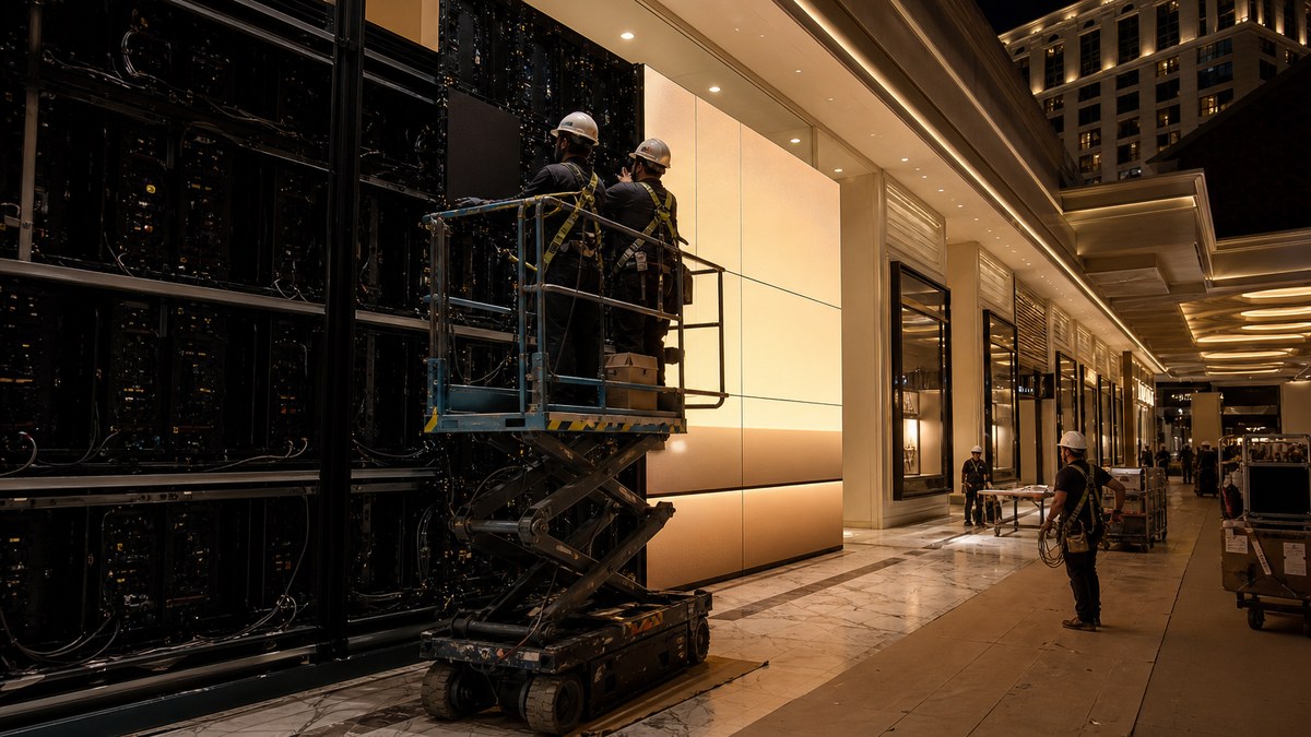 Installation crew on a scissor lift mounting LED video wall cabinets on a steel frame in a Las Vegas resort retail promenade at night
