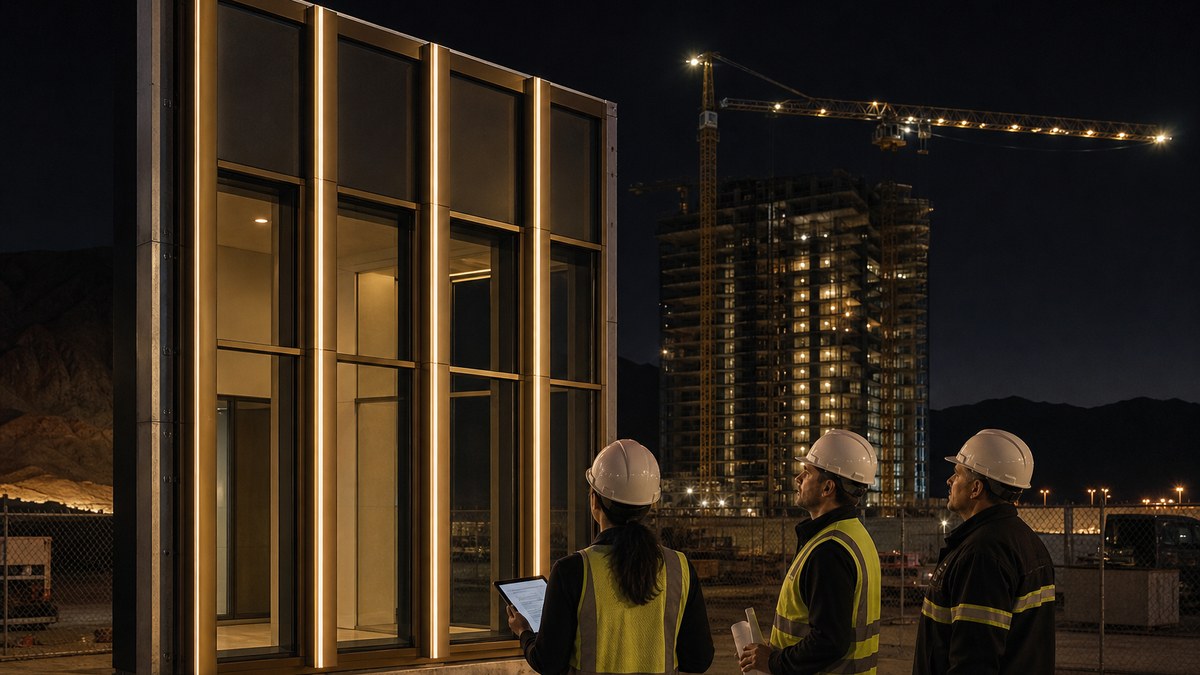 Design team reviewing a full-scale curtain wall mockup with integrated warm white linear LED lighting at night on a Las Vegas construction site