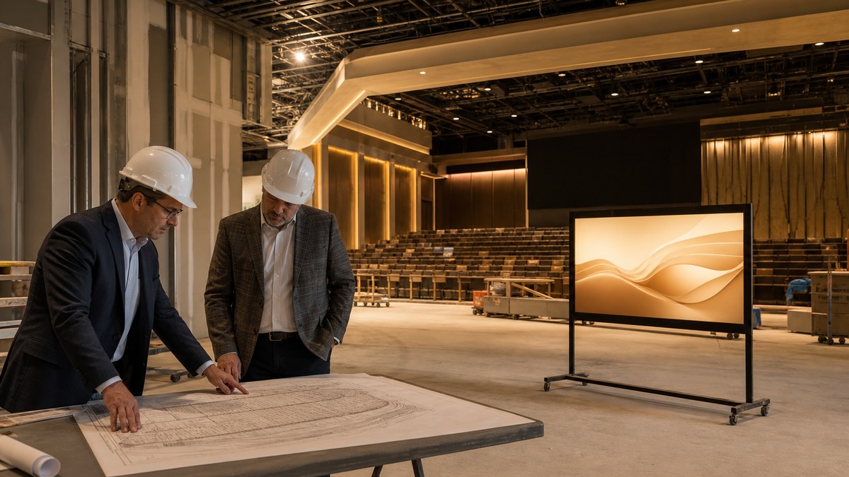 Design team reviewing a sportsbook seating plan beside a small LED test panel during construction