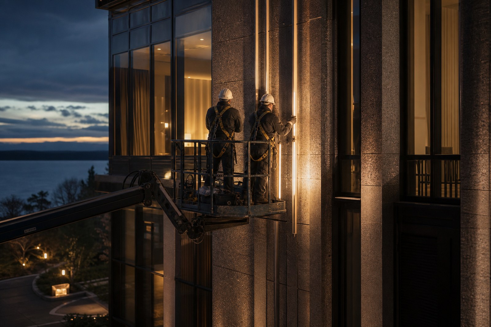 Installation crew on a boom lift mounting LED fixtures to a facade at night