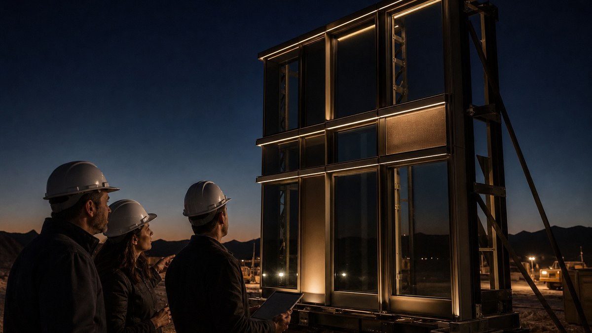 Lighting designer, architect and contractor reviewing a night-time LED facade mock-up on a section of curtain wall at a Las Vegas resort site