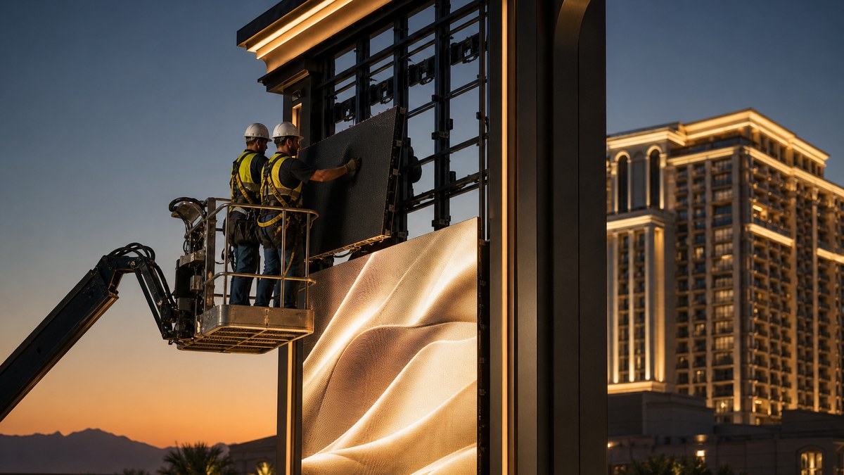 Licensed installation crew on a boom lift mounting LED marquee cabinets on a Las Vegas resort sign structure at dusk