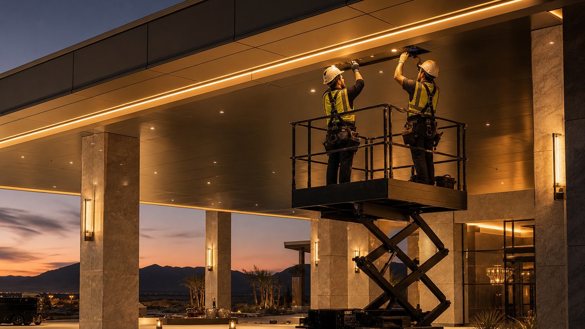 Installation crew on a scissor lift mounting warm white LED linear fixtures under the soffit of a new resort porte-cochere at dusk