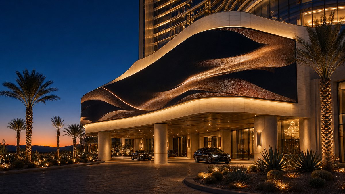 Las Vegas resort podium with a large curved exterior LED video display showing warm gold abstract content at dusk above the porte-cochere