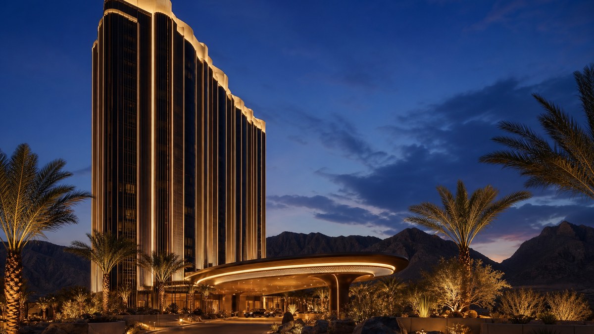 Las Vegas resort tower and porte-cochere at blue hour with warm white and champagne LED architectural lighting delivered through a design-build process