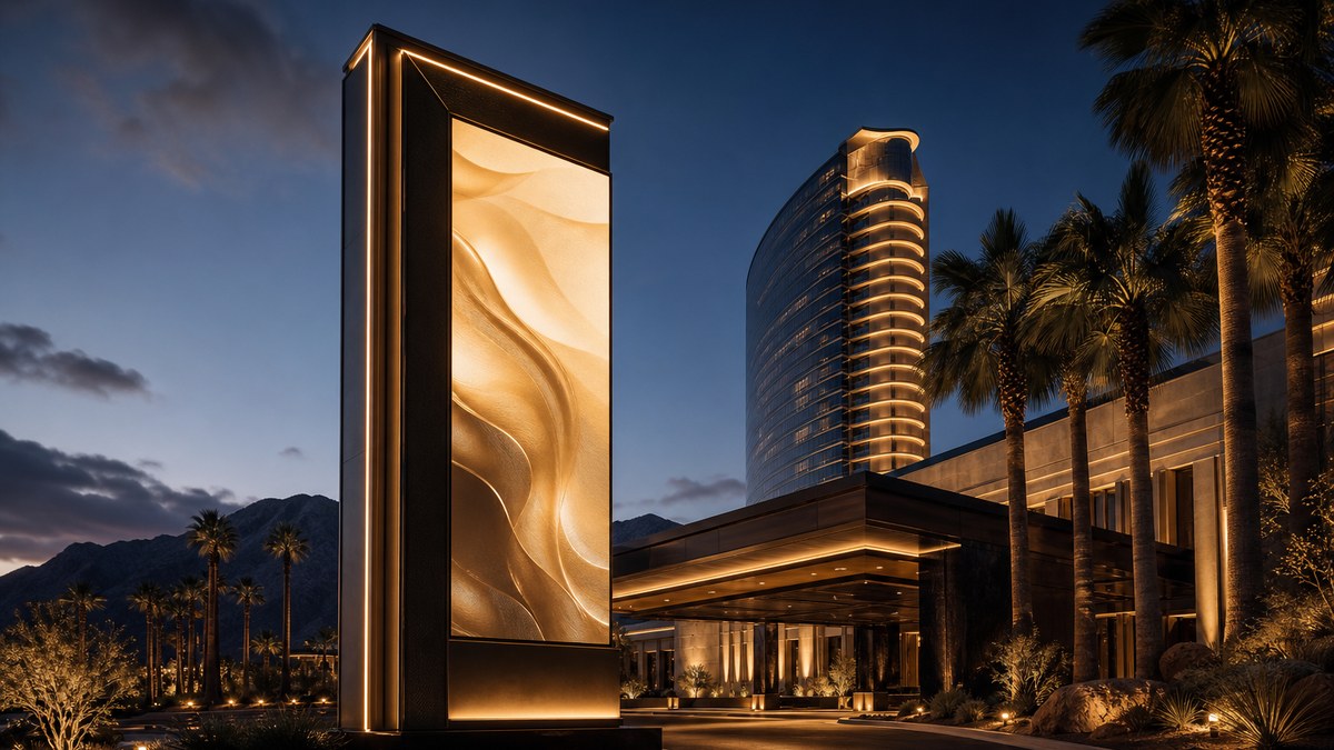 LED marquee sign at a luxury Las Vegas resort entrance at blue hour with warm architectural lighting