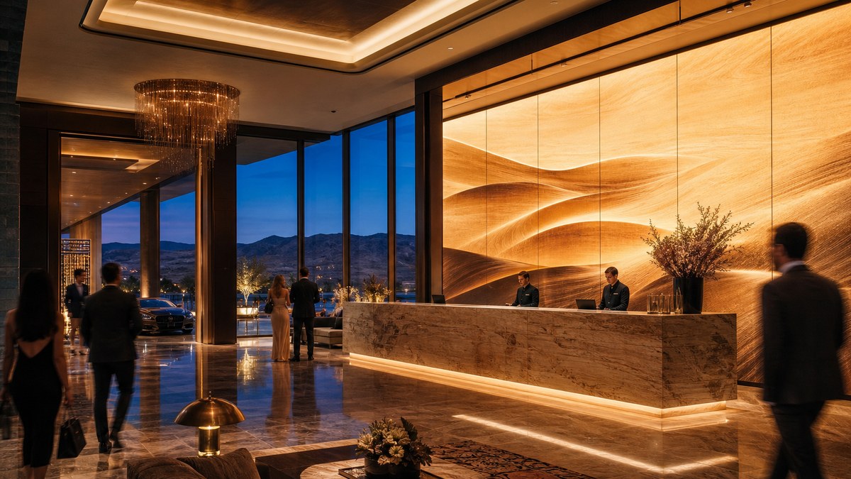 Luxury Las Vegas resort lobby with a large fine-pitch LED video wall showing warm abstract desert artwork at blue hour