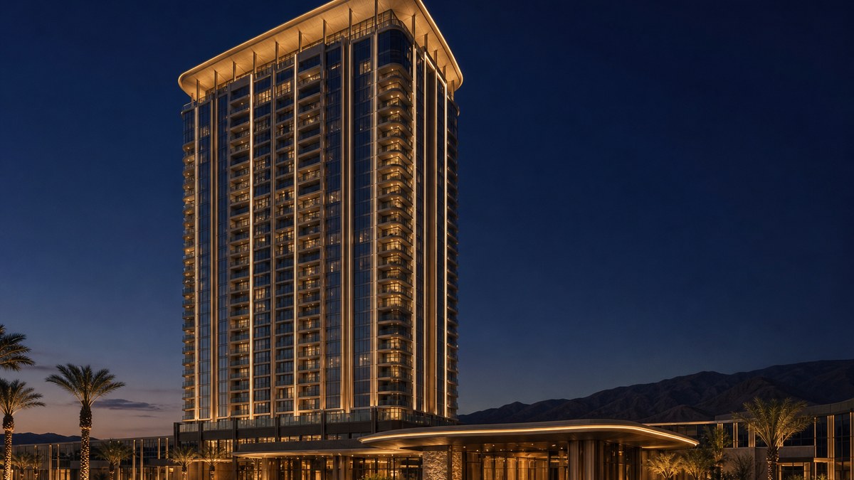 Luxury Las Vegas resort tower at blue hour with warm white and soft champagne LED facade lighting tracing the curtain wall and crown