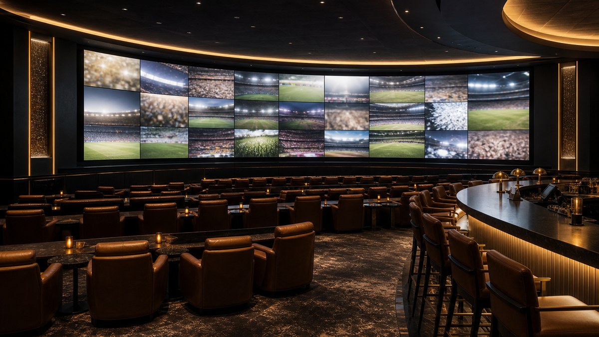 Luxury Las Vegas sportsbook with a wide curved LED video wall above tiered lounge seating
