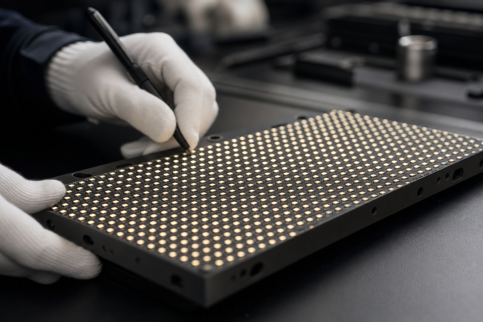 Technician holding an LED display module in a workshop