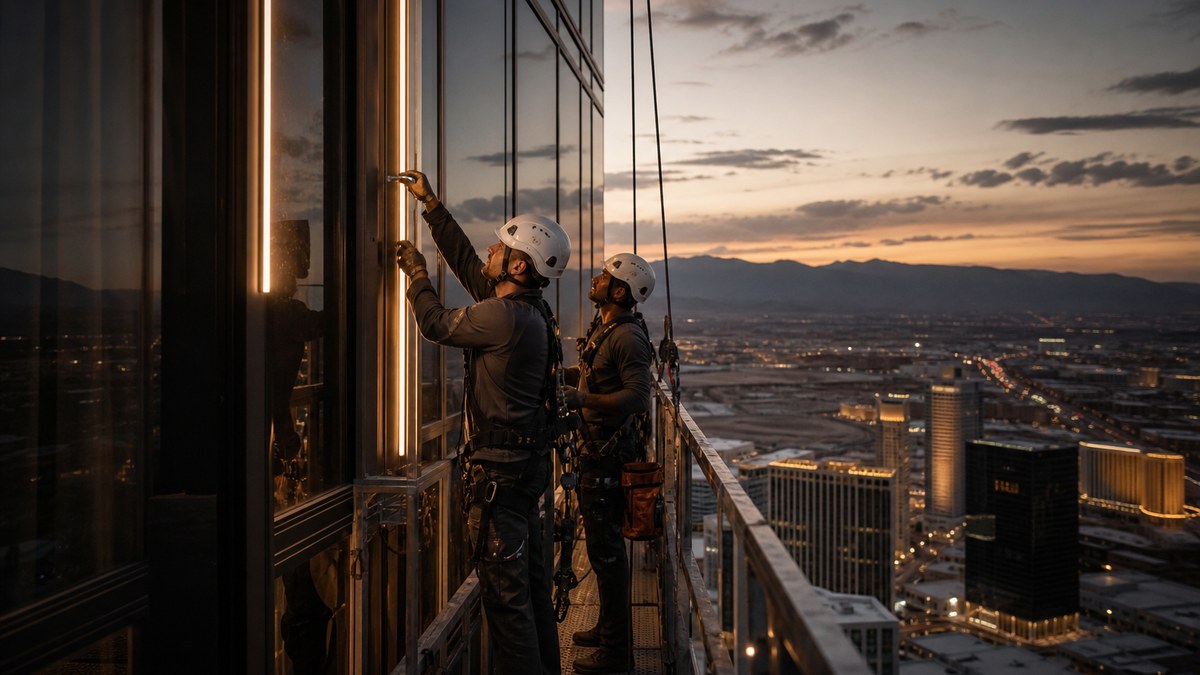 Installation crew on a building maintenance platform fitting linear LED fixtures to curtain wall mullions on a new Las Vegas tower at dusk