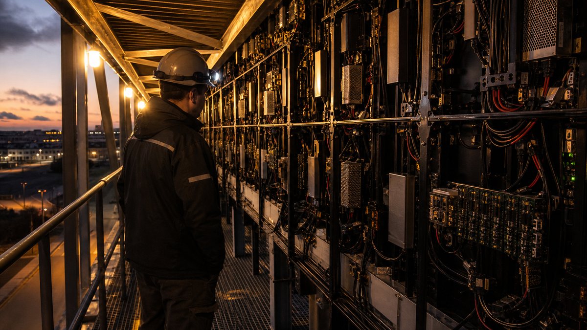 Engineer inspecting the rear service access of an LED marquee cabinet with power supplies and cabling