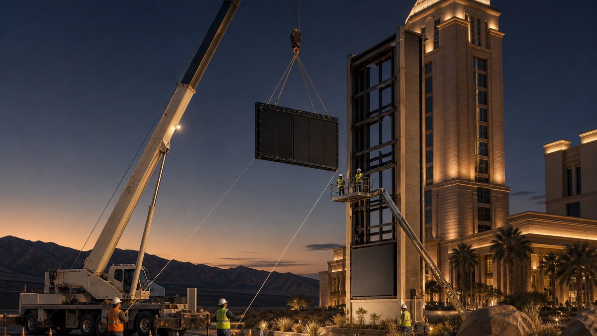 Crane lifting an LED marquee cabinet section into place at a Las Vegas resort at dusk with an installation crew