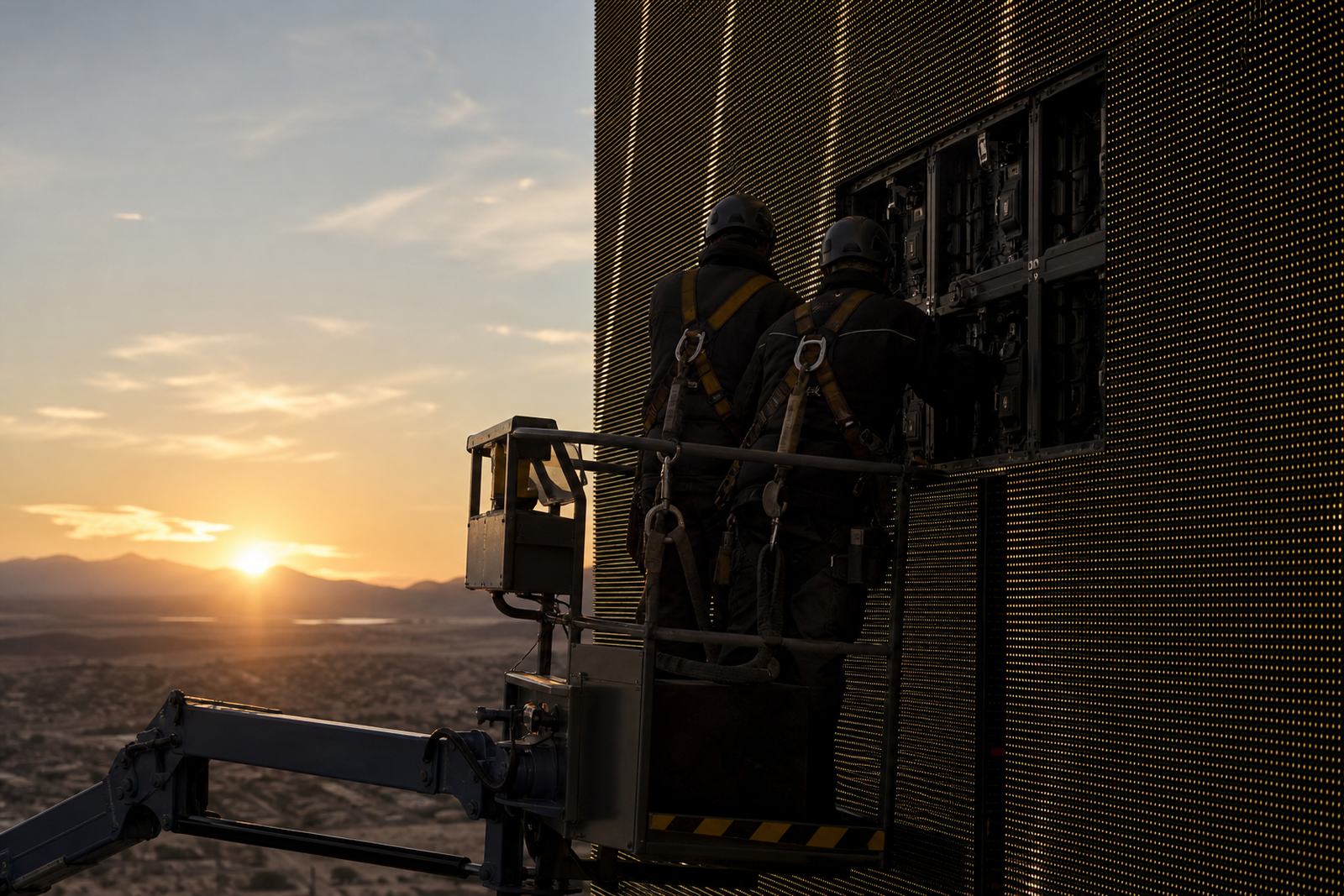 Technicians servicing a large LED marquee display at sunrise