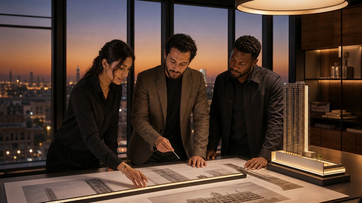 Lighting designer, architect and LED contractor reviewing facade lighting drawings and a fixture sample at a design-assist meeting in Las Vegas