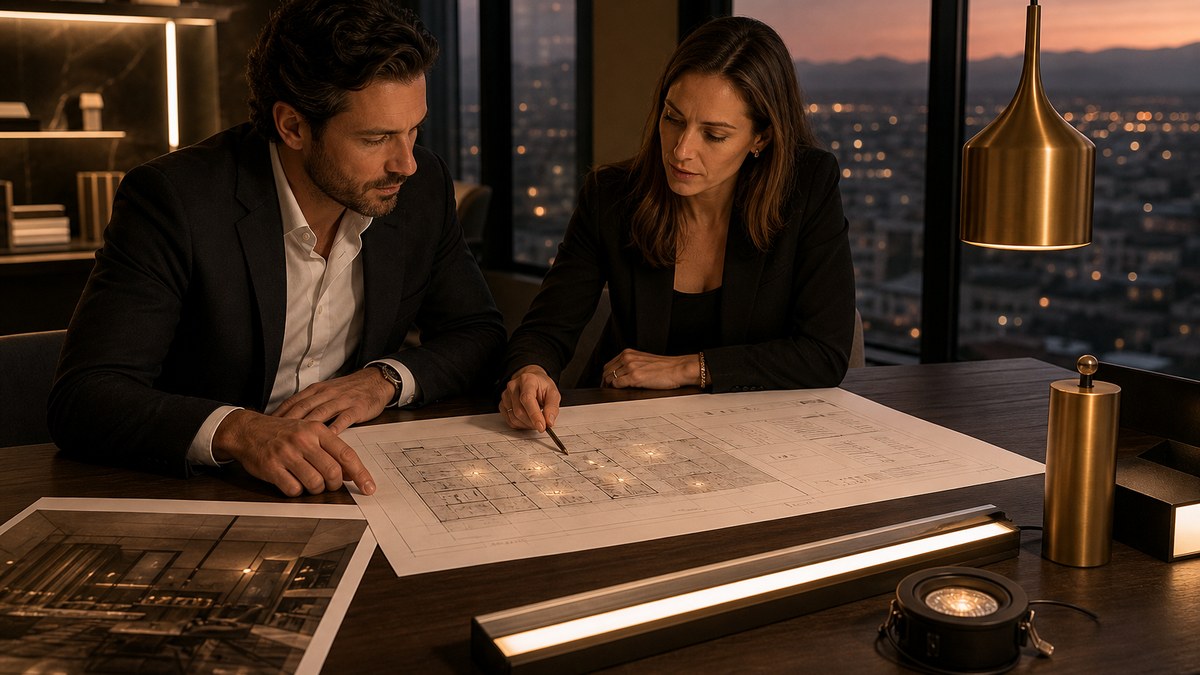 Architect and lighting designer reviewing a lighting fixture schedule and sample LED luminaires on a table in a project office at dusk