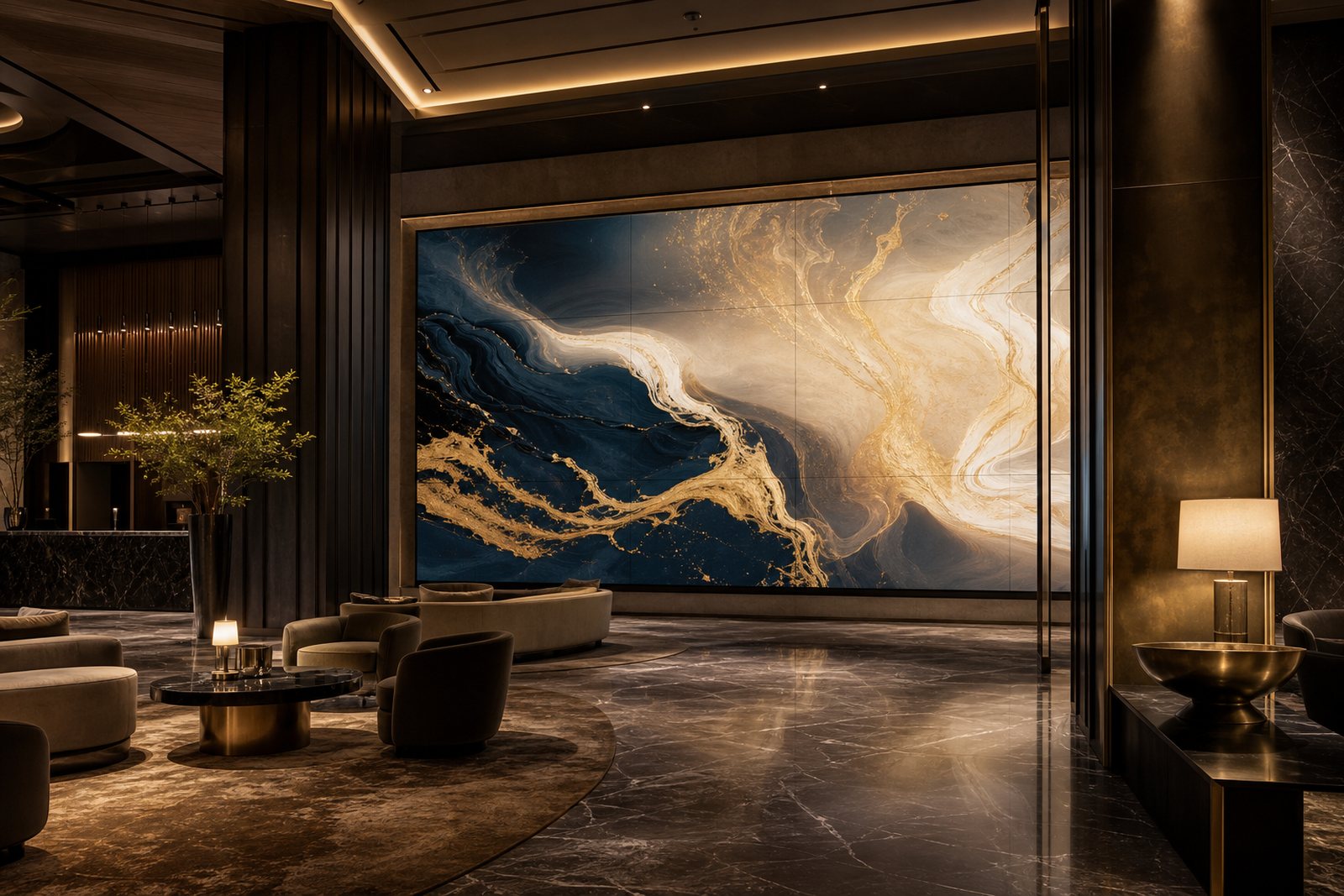 Curved LED video wall in a luxury casino resort lobby