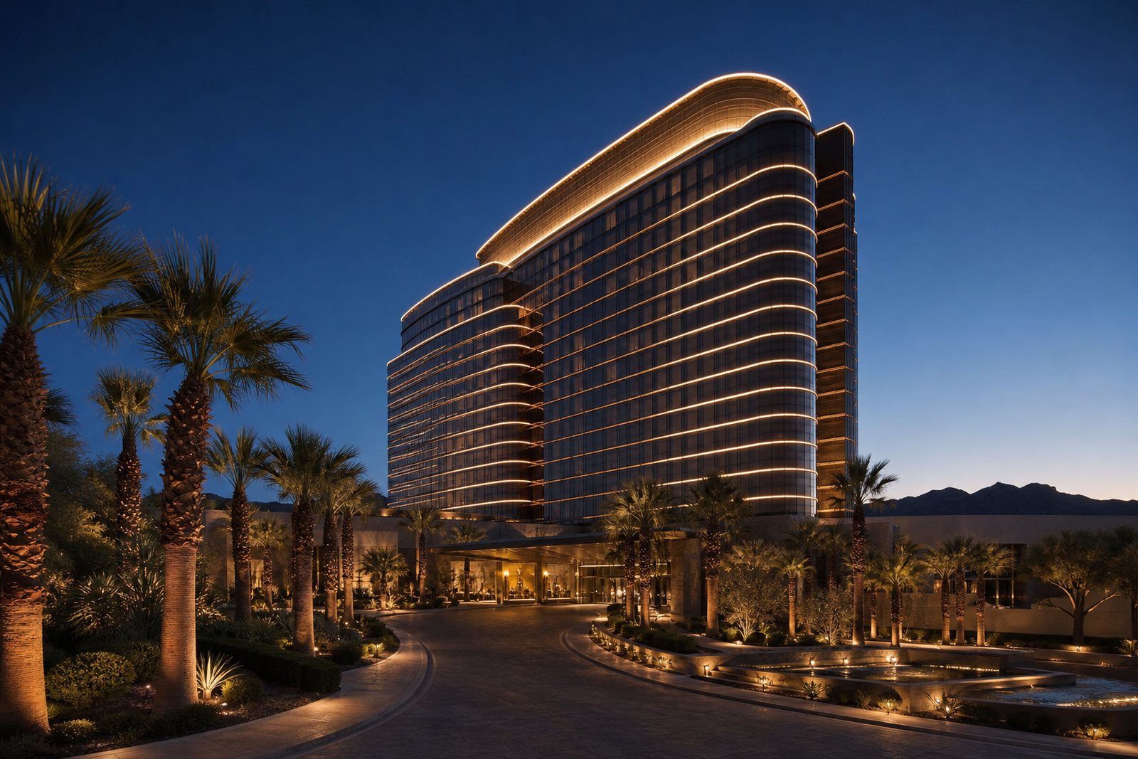 Luxury Las Vegas resort tower with programmable LED facade lighting at night