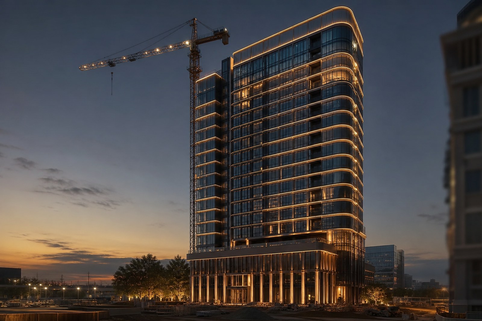 New hotel tower under construction testing linear LED facade lighting