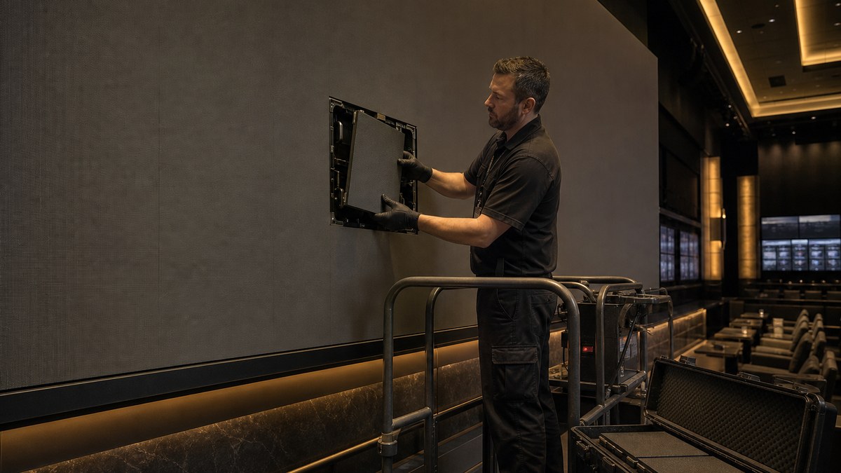 Technician replacing an LED module from the front of a large sportsbook video wall at night