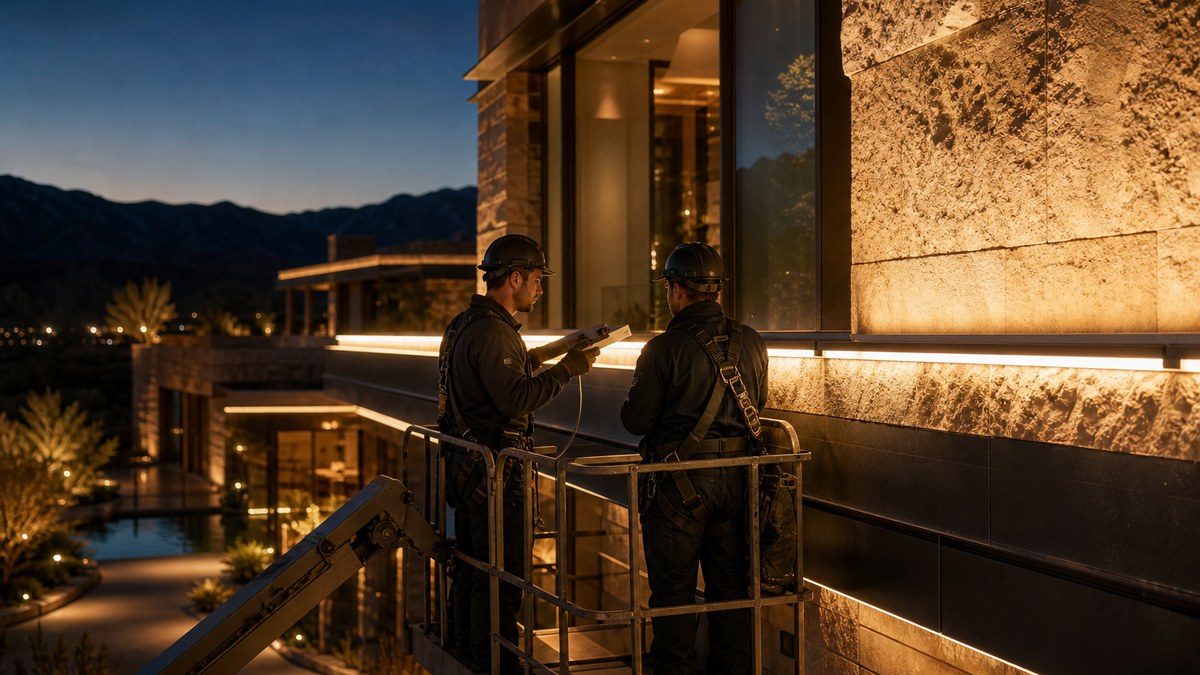 Two technicians on a boom lift servicing linear LED facade fixtures on a Las Vegas resort podium at dusk